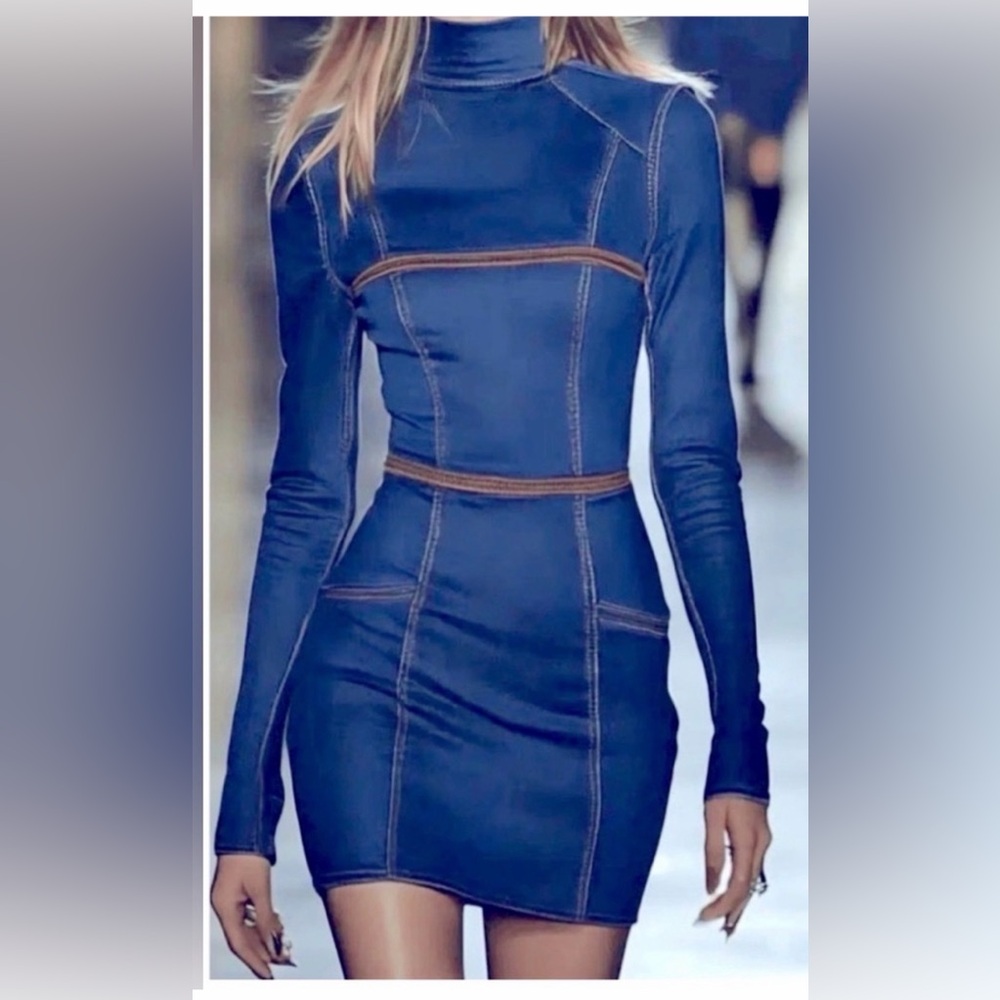 Denim Long Sleeve Dress with Brown Accents